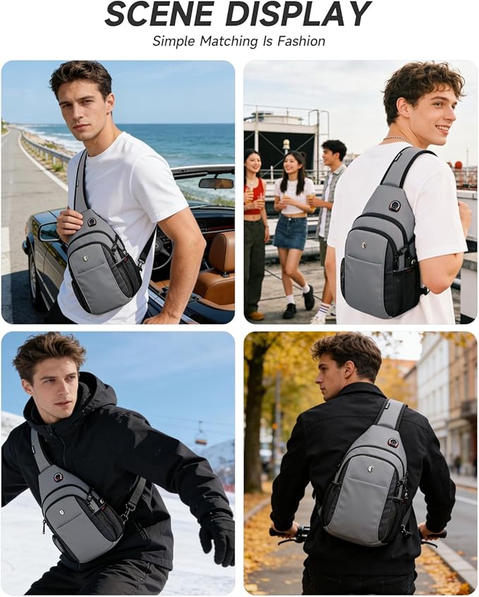 Anti-Theft Sling Bag for Men, Water Resistant lightweight Crossbody Backpack With Side Pocket, Built-in Audio Port, Reversible Strap, Travel Hiking Chest Pack Fits 11 inch iPad & Switch 2