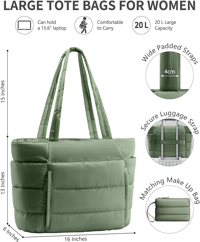 Bagstellar Puffer Tote Bag for Women, Lightweight Puffy Work Handbag Teacher Nurse Quilted Shoulder Bag for School Travel Gym | Cloud Bag w/ Zipper