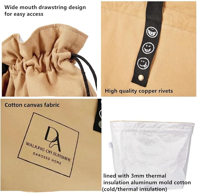 Reusable Drawstring Lunch Bag,Insulated Handbag Tote bag with Handle,Lunch Sackand Drawstring Closure for Women Work Picnic or Travel (Khaki)