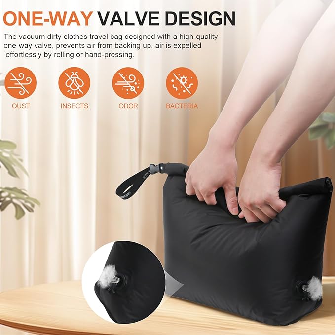 Travel Laundry Bag, Pump Free Vacuum Compression Dirty Clothes Bag Reusable Wet Dry Bags Large Capacity Space Saver Bags Camp Washable Clothes Organizer for Sports Dorm Laundromat (1 Pcs) (Black, M)