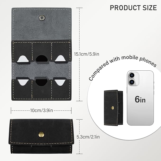 Memory Card Holder, Foldable Gaming SD Card Holder with Metal Snap Button and 6 Card Slots, Portable Retro Leather Guitar Pick Case for Travel or Daily Storage (Black)