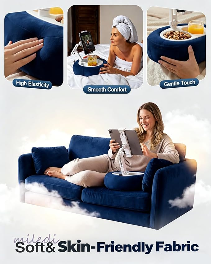 Miledi Tablet Pillow Stand, Compatible with 5"-12.9" Kindle, iPad, Phone/Tablet, 360° Rotating Phone Holder for Bed, Soft Plush Fabric, Detachable Bowl, Reading and Relaxation on Bed, Blue