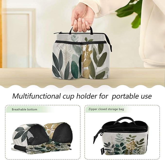 Luggage Cup Holder for Suitcases Free Hands Suitcase Cup Holder Travel Luggage Drink Holder Portable Luggage Cup Caddy Bag Carrier with Handle Beige Boho Style Leaves