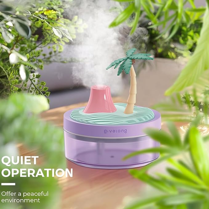 PRATIQUE Mini Portable Desktop Humidifiers for Bedroom,Small Humidifier with Cocount Tree,Quiet,Cool Mist, Auto Off,7 Colors Night Light,320ml Air Humidifier Home Office Travel (PURPLE)