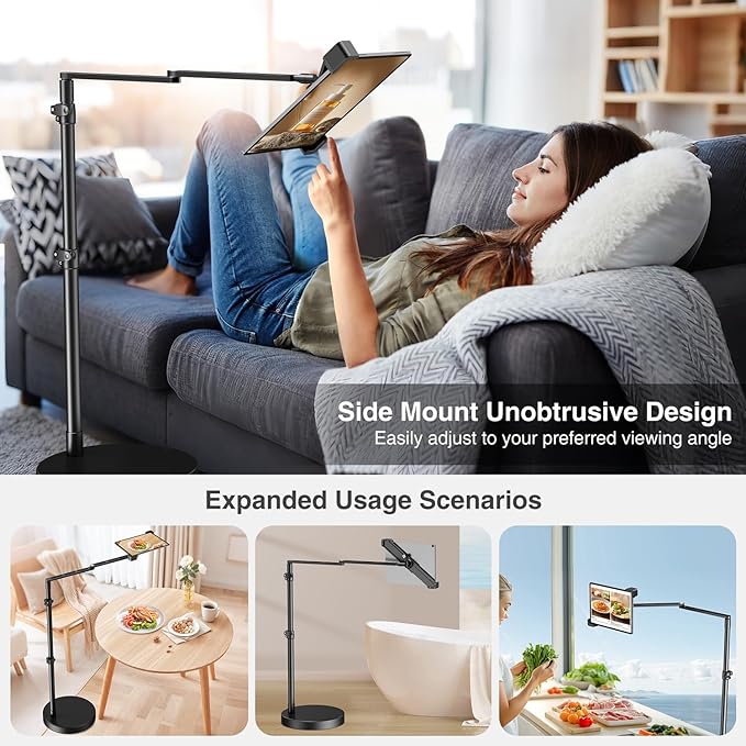 elitehood Diagonal Design iPad Floor Stand with Heavy Duty Base, 24in Horizontal Long Arm Tablet Floor Stand Holder for Bed Recliner Sofa, Compatible with iPad mini Air Pro 13/12.9 and 9-13in Devices