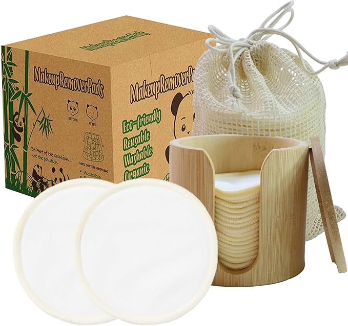 Reusable Cotton Rounds, 100% Natural Bamboo Cotton Pads for Face|Reusable Makeup Remover Pads with Laundry Bag,Headband and Cotton Round Holder (Beige)