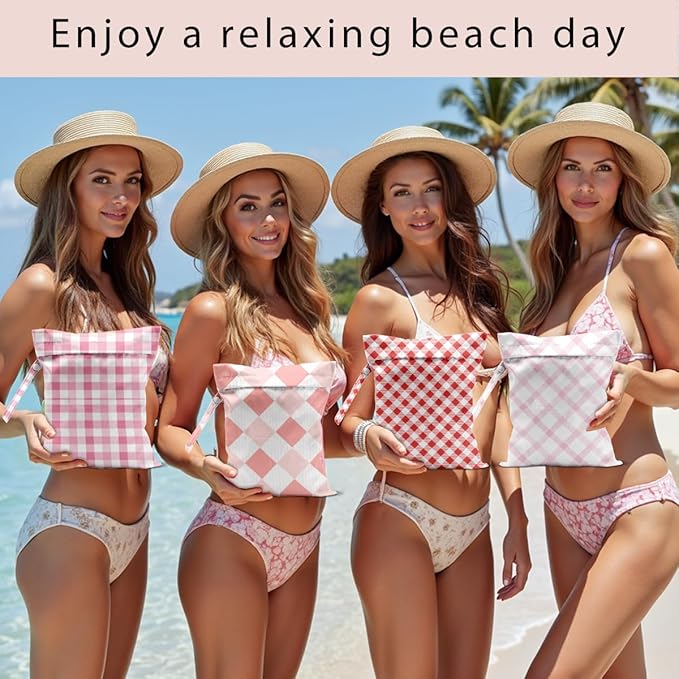 Wet Bag, 4Pcs Wet Dry Bag Set, Reusable Waterproof Bags with Pink Gingham & Red Diamond Patterns for Women, Practical for Travel & Daily Essentials Storage