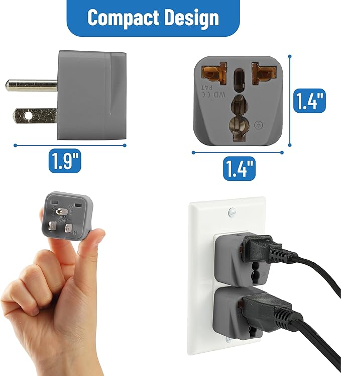 Bates- UK to US Plug Adapter, 2 Pack, Gray, EU to US Plug Adapter