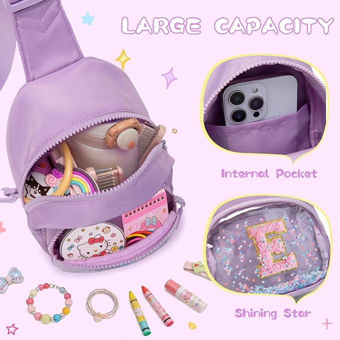 Viverte Birthday Gifts for Girls Small Clear Initial Sling Bag Crossbody Bag Purse Fanny Packs Personalized Monogrammed Gifts for Girls for Travel (Lavender-E)
