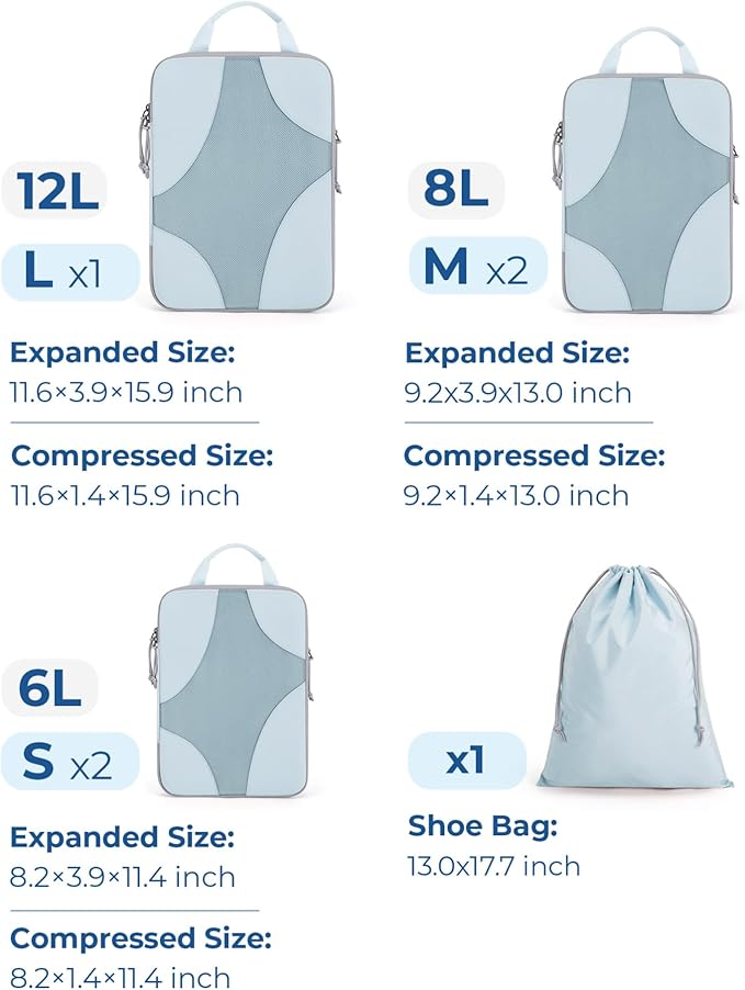 BAGSMART Compression Packing Cubes for Travel, 6 Set/14 Set Compressible Luggage Organizer for Cruise Ship, Lightweight Travel Essentials (1L+2M+2S+Shoe bag+Drawstring bag+Toiletry bag+6Plastic bags)