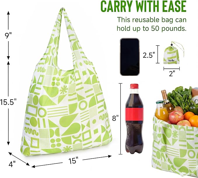 Stelle Lightweight Reusable Grocery Bag with Handles Ripstop Nylon Foldable Tote Shopping Bags for Travel and Groceries
