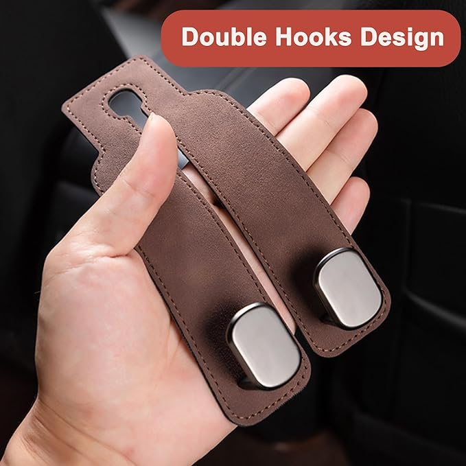 Amelity Universal Car Headrest Hooks, Women’s Car Interior Accessories for Purses Handbags Grocery & Backpacks, Brown 2 Pack