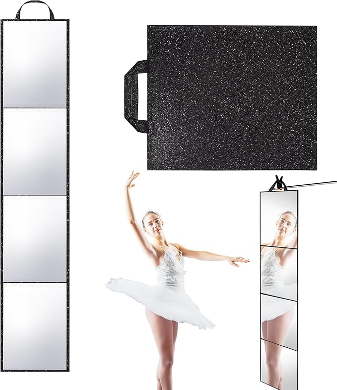Foldable Full Length Mirror, 2 in 1 Hangable & Tabletop Acrylic Mirror, Portable Travel Mirror with Handle for Dance Bedroom Wardrobe Stage Makeup Checks Camping Outdoor Use (47" x 12.5", Four-Fold)