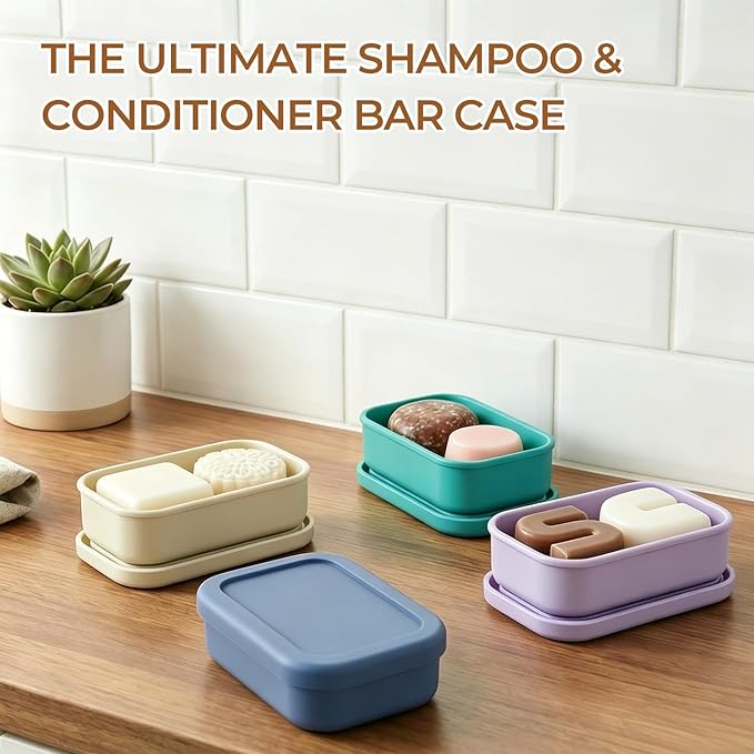 AIMAIAIMAI Silicone Shampoo Bar Travel Case with Drain Pad – Leak Proof Bar Soap Travel Case for 2 Bars, Shampoo & Conditioner Bar Holder for Camping, Gym | 1 Pack, Green