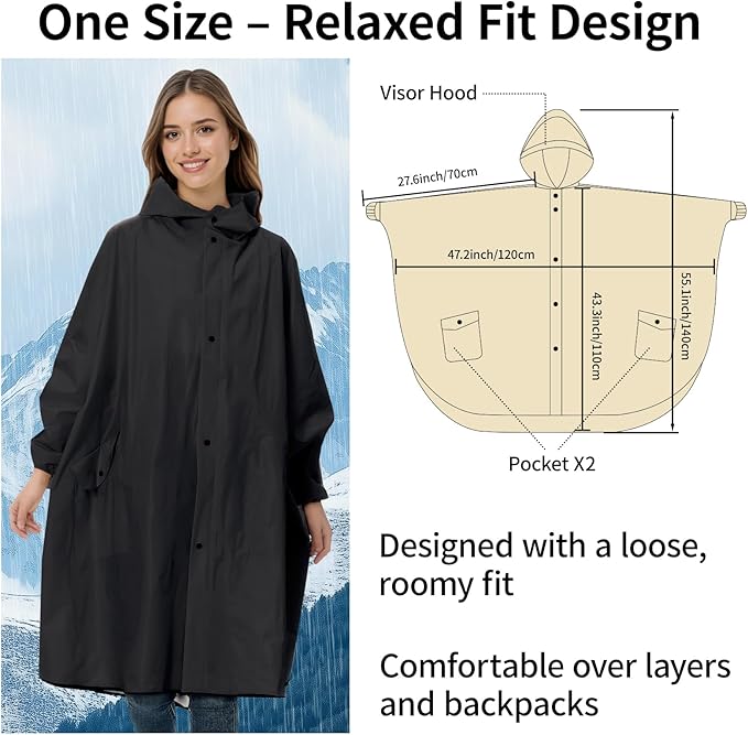 Ultra-Wide Rain Poncho for Adults, Waterproof EVA Cape with Sleeves, Reusable Lightweight