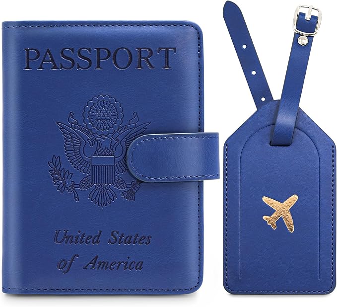 Passport Holder for Travel with Luggage Tag Cover – RFID Blocking Passport Wallet for Women & Men | PU Leather Passport Cover/Passport Case with Extra Money Pocket & Magnetic Clasp – Blue