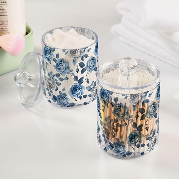 2 Pack Qtip Holder Organizer Dispenser Roses Blue Grey Bathroom Storage Canister Cotton Ball Holder Container for Cotton Pads/Swabs/Floss