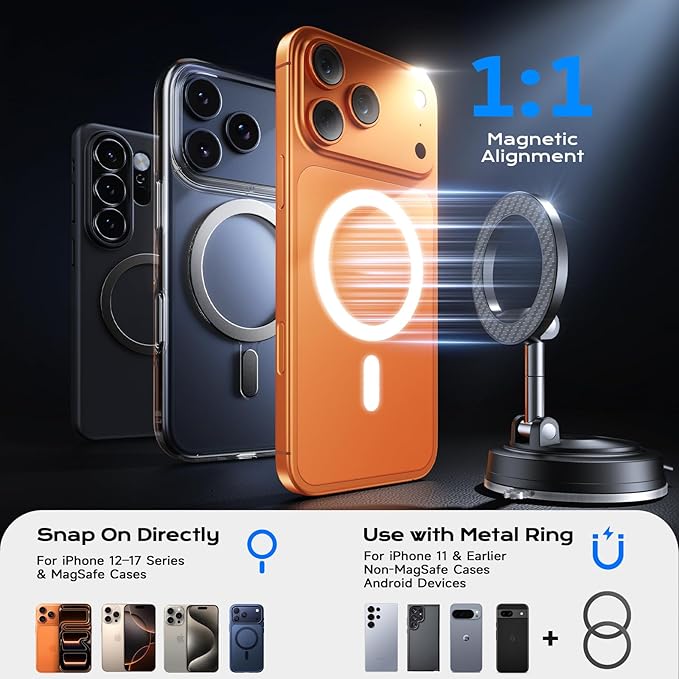 ACMEZING Car Phone Holder for MagSafe [All Surface Ready | 118+LBS Ultra Grip | 2400gf Strong Magnetic] 360° Adjustable Car Phone Mount, Phone Holders for Your Car for All Smartphones, Carbon Fiber