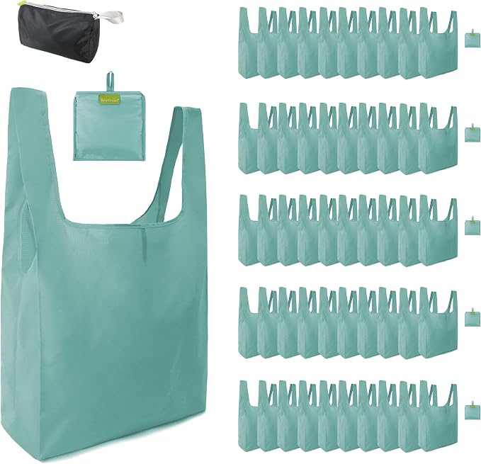 BeeGreen Marrs Reusable Grocery Bags Wholesale Green Reusable Kitchen Bags Bulk Foldable-Machine Washable with Zipper Storage Pouch 50 Packs