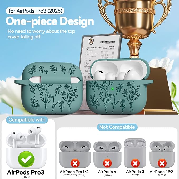 Ekoonpft for Airpods Pro 3 Case, Flower Engraved Cases for Apple AirPods Pro 3rd Generation 2025, Soft Silicone Cover for Women Girly with Cleaning Kit & Keychain, Anti-Scratch, Shockproof