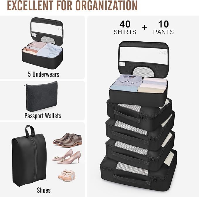 Veken 10 Set Packing Cubes for Travel Essentials,Anti-Wrinkle Buckled Suitcase Organizer for Shoe & Toiletry Bag,Carry On Luggage Bag for Airplane & College Dorm Room Accessories,Women Men Gifts