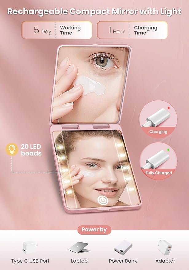 Compact Mirror, Rechargeable 30X Magnifying Mirror with 3 Lighting Modes & Dimmable Brightness, Portable Travel Makeup Mirror with Light, Essentials for Travel, Pocket, Purse Pink