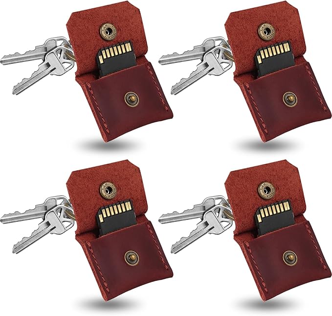 Jack&Chris Genuine Leather SD Card Holder Keychain, Anti-Shock Anti-Dust SD Card Case, Portable Camera Accessories for SD CF CFexpress Micro SD Nano SIM and Micro SIM Cards, Red 4 Packs