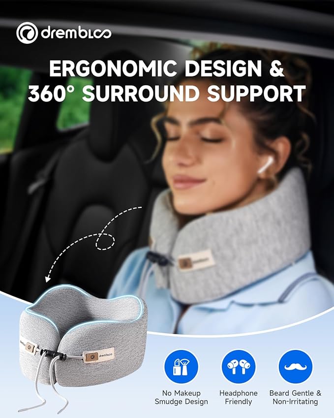 Neck Pillow Airplane, CertiPUR-US® BASF Memory Foam Travel Pillows with Comfortable Breathable Cover, Ergonomic Design Compact Airplane Pillow for Flight Headrest Sleep, Portable Plane Accessories