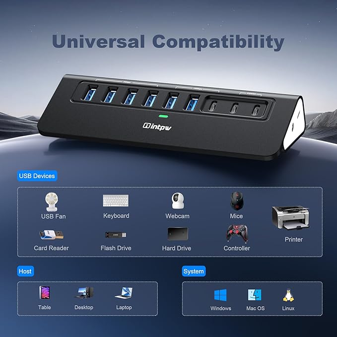 Powered USB Hub 10Gbps,intpw YH6AC 9-Port USB Splitter with USB A/USB C 3.2, 4 USB 3.0, 2 PD 45W Charging Ports, 65W Power Adapter and 3.3FT Cable, Aluminum Black USB Hub for Laptop/PC,iPhone 16/15