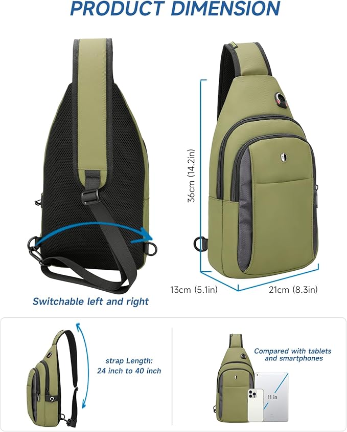 Anti-Theft Tactical Sling Bag for Men&Women, Water Resistant Crossbody Mini Backpack, Travel Hiking Lightweight Chest Pack,Built-in Audio Port, Reversible Strap, Fits 11 inch iPad & Switch 2