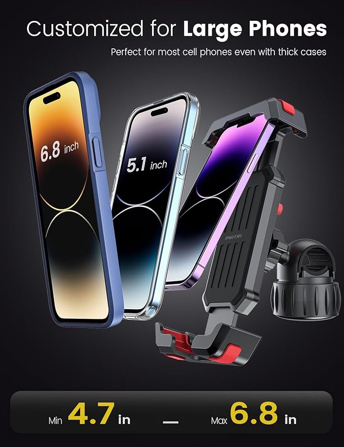 Pnitri Bike Phone Holder for iPhone, Samsung, 1S Quick Install Handlebar Mount, Motorcycle and Bicycle Phone Holder, Large Phone Case Compatible