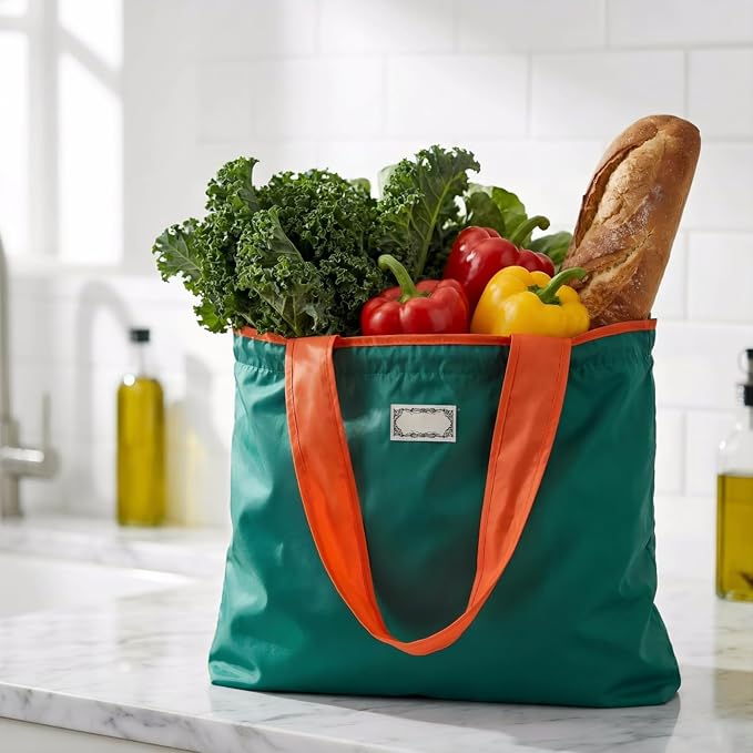 Covzoe 4 Pack Reusable Shopping Bags, Foldable Grocery Bags with Handles, Large Lightweight Tote Bag Fits in Pocket, Washable Beach Bag for Kitchen Travel Shopping, Drawstring Closure