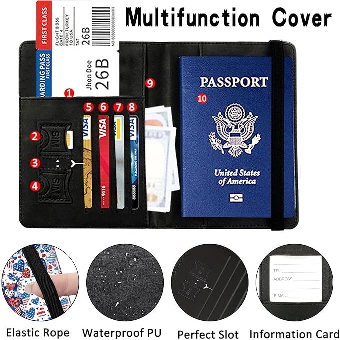 Passport Wallet, Passport Holder with RFID Blocking and Luggage Tag, Waterproof PU Leather Travel Documents Organizer Case, Passport Covers with Card Slot for Women & Men, Patriotic Americana Hearts