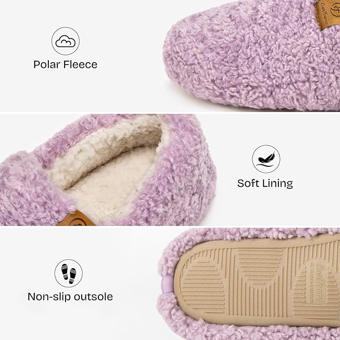 EverFoams Women’s Soft Curly Full Slippers Memory Foam Lightweight House Shoes Cozy Loafer with Polar Fleece Lining