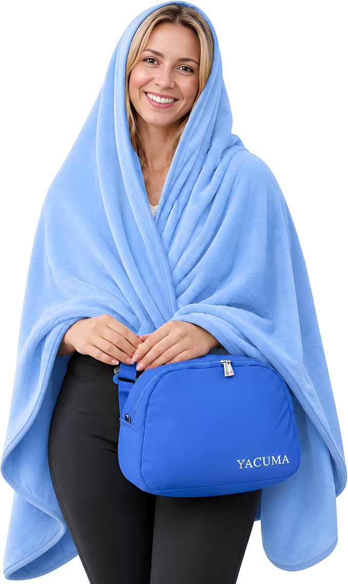 Travel Blanket Airplane Compact with Bag, Soft 40" x 60" Blanket with Luggage Strap & Underseat Personal Item Organizer for Flights, Home & Office, Blue
