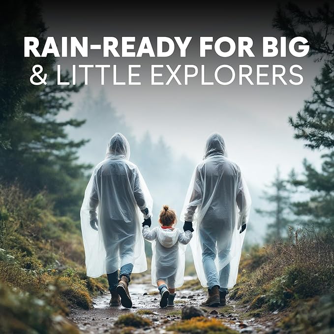ZENO Disposable Rain Ponchos for Adults & Kids - Rain Poncho Family pack - Clear, Compact, Breathable, Emergency Ponchos with Hood - Travel Rain Poncho Hiking, Camping