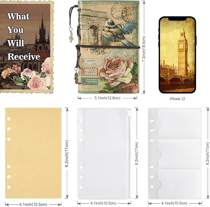 Leather Journal Notebook, Vintage Refillable Journal for Women Girls, Thick Blank Pages for Sketchbook, Planner, Diary, Travel Journals to Write in with Binder Pockets, Beautiful Journal Gift