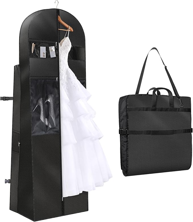 KEEGH 72" Wedding Dress Garment Bag - Tri-Fold Design Bridal Dress Bag with Shoulder Strap & Handle, Heavy-Duty Checkered Oxford Fabric for Long Wedding Gowns & Formal Gown Storage, Black