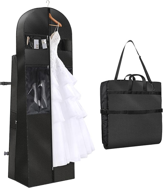 KEEGH 72" Wedding Dress Garment Bag - Tri-Fold Design Bridal Dress Bag with Shoulder Strap & Handle, Heavy-Duty Checkered Oxford Fabric for Long Wedding Gowns & Formal Gown Storage, Black