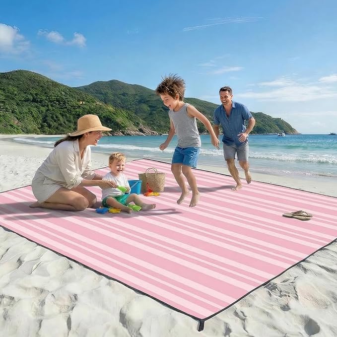 OIGAE 7x7ft Sandproof Beach Blanket - Large Waterproof Picnic Mat for 3-4 People, Lightweight Sand Free Mat for Summer Vacation with 6 Stakes & 4 Corner Pockets for Beach, Camping, Festivals