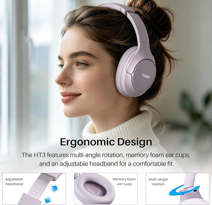 TOZO HT3 Hybrid Noise Cancelling Headphones, 90H Battery Life Wireless Over Ear Bluetooth 6.0 Foldable Headset, AI Voice Assistant with 5 Mics, Connect 2 Devices and Hi-Res Sound, 32 EQ Audio Presets