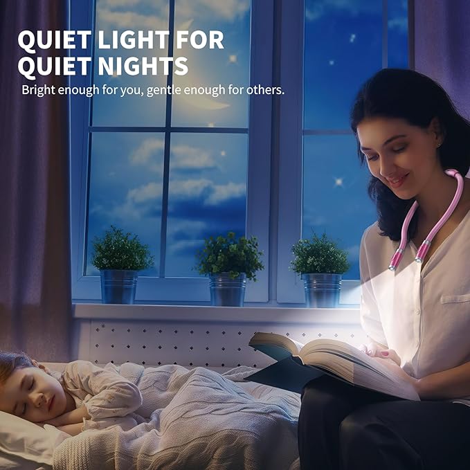 LUXJET Neck Reading Light & Book Light for Reading in Bed - Hands Free, 6 Brightness Levels, 360° Flexible Arms, 80-Hour Rechargeable - Reading, Knitting, Camping, Repairing (Pink-New)