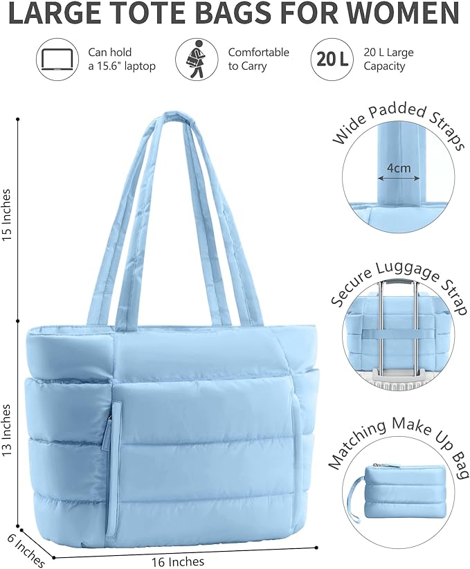 Bagstellar Puffer Tote Bag for Women, Lightweight Puffy Work Handbag Teacher Nurse Quilted Shoulder Bag for School Travel Gym | Cloud Bag w/ Zipper