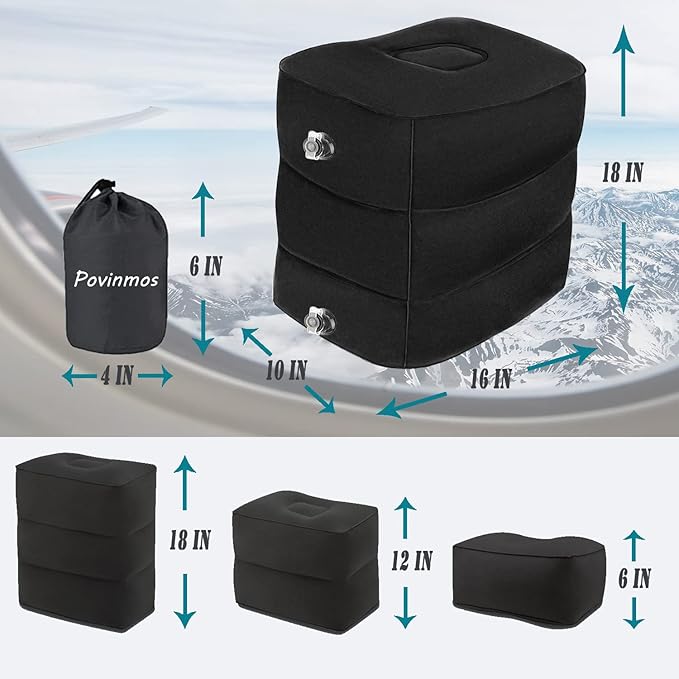 Inflatable Foot Rest Pillow for Travel, Adjustable Height Airplane Foot Cushion for Long Flights, Portable Comfort Footrest for Car, Office and Travel (Gray) (Black)