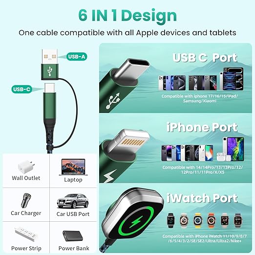 2026 Travel Essentials for Apple Watch Charger, Cruise Vacation Camping Essentials, 3 in 2 Charging Cable for Multiple Devices, iWatch Charger/Type-C/L Cord for iWatch 11-2/iPhone 17-11/Car, 5FT