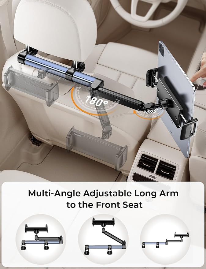 Tryone Headrest Tablet Holder for Car Accessories : [18.11-inch Long Arm] 3-in-1 Backseat Tablet Holder for Kids Road Trip Compatible with iPad Switch Smartphones & Tablets or Other 4.7-13" Devices