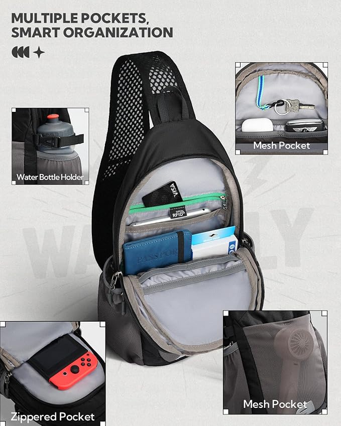 WATERFLY Packable Crossbody Sling Bag: Small Lightweight Travel RFID Blocking Sling Daypack with Water Bottle Holder - Shoulder Chest Bag Backpack for Women Men Hiking Traveling Theme Parks