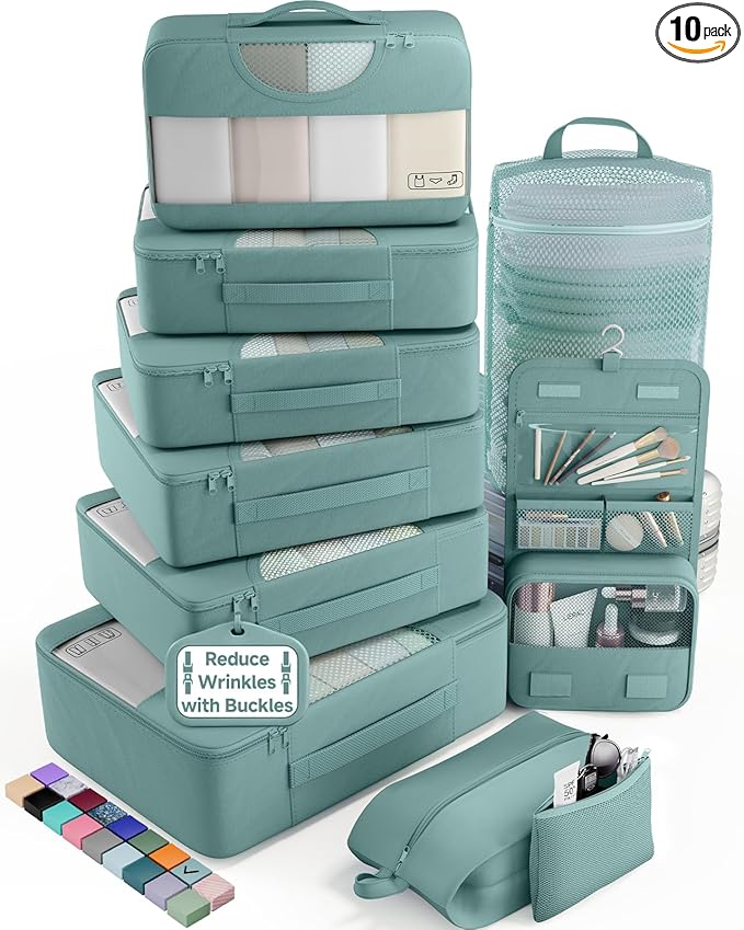 Veken 10 Set Packing Cubes for Travel Essentials,Anti-Wrinkle Buckled Suitcase Organizer for Shoe & Toiletry Bag,Carry On Luggage Bag for Airplane & College Dorm Room Accessories,Women Men Gifts