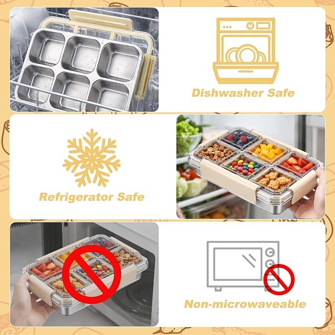 Palksky Snack Box Stainless Steel 6 Compartment, Reusable Snack Containers with Lids, Portion Control Snack Boxes for Adults, Ideal for Office Desk, Travel, Picnic & Fitness, 1 Packs