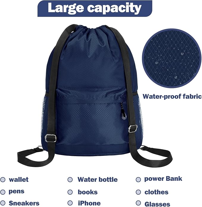 Waterproof Drawstring Bag, Lightweight String Backpack with Water Bottle Holder and Pockets, Gym Sports Cinch Sackpack (Blue)